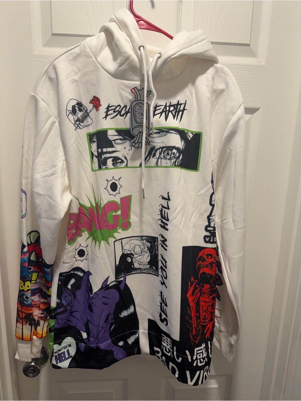Men's White Graphic Hoodie with Neon Comic Print